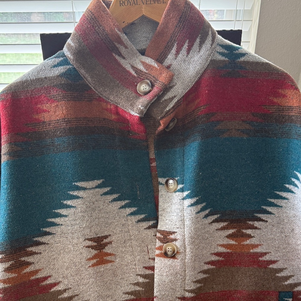 Wool Blend Geometric Pattern Jacket - Teal & Red - Picture 2 of 6